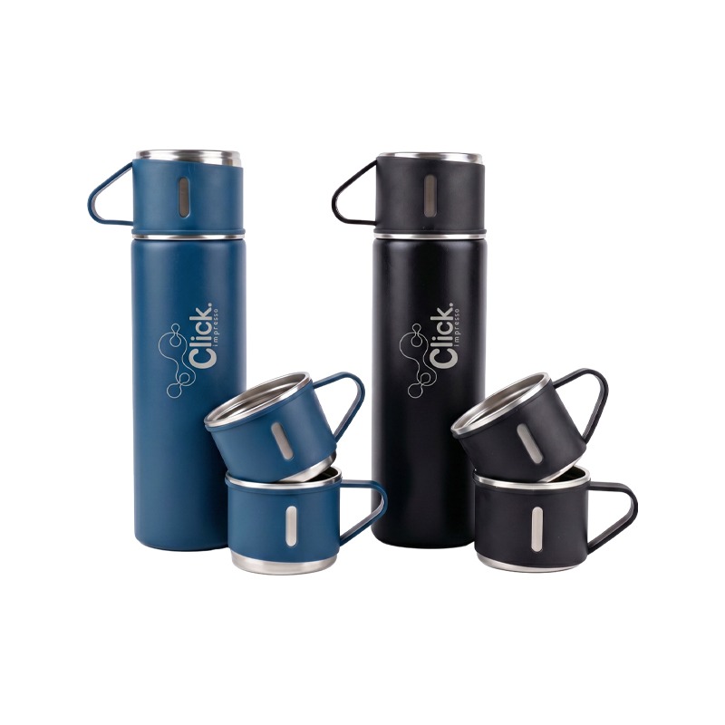 Kit de Garrafa térmica 500ml e 02 xícaras, personalizadas com laser, diversas cores.